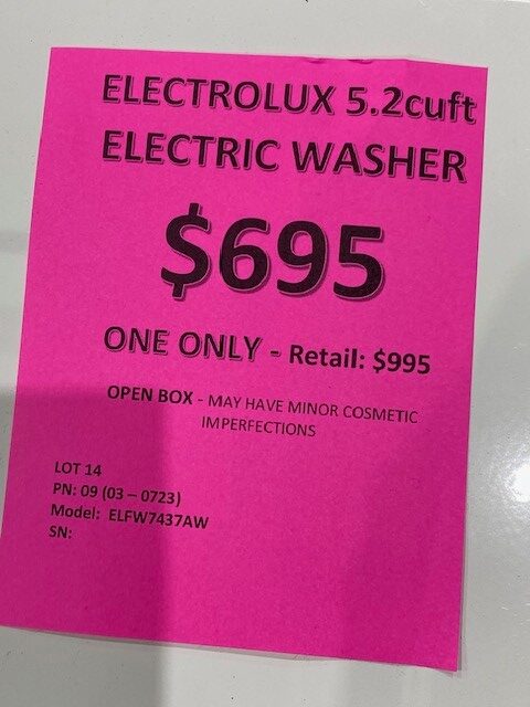 Electrolux 5.2 cuft washer tag $695.00