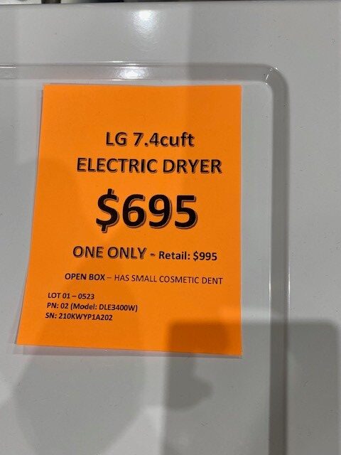 LG 7.4cuft Dryer $695.00 Tag
